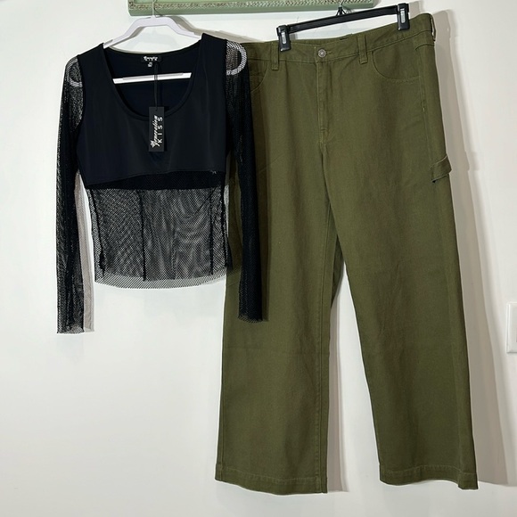 New women’s XL Delia’s army green cargo pants / Greneration Kiss fishnet top blk - Picture 1 of 7